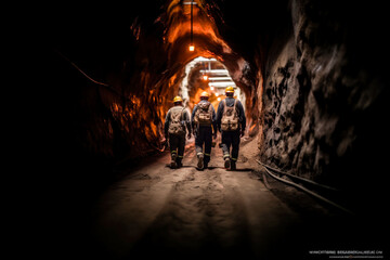 group mining workers walks through tunnel coal mine - 660661618