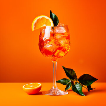 A vibrant Aperol Spritz cocktail garnished with orange slice and ice cubes