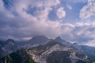 Aerial panorama on the Carrara marble quarry. Aerial panorama of marble quarries Carrara Italy....
