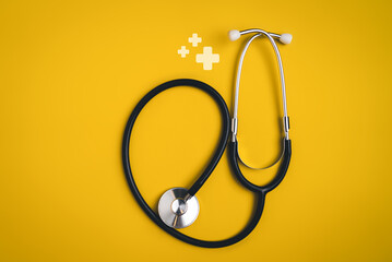 Stethoscope and plus icon on background for medical and health care concept, Access to welfare health, People with health care, Health insurance, Family life insurance, Medical care insurance