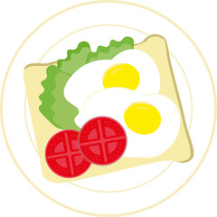Ilustración vectorial Plato de comida. Ilustración plato con Tomate, huevo frito y lechuga.