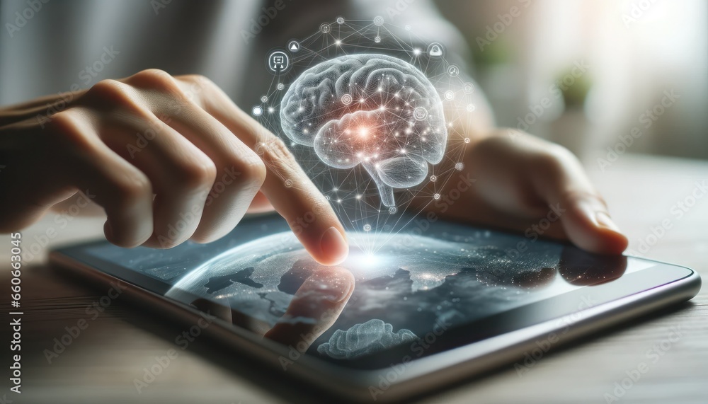 Wall mural advanced three-dimensional human brain simulation viewed from inside a tablet