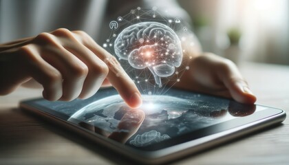 Advanced three-dimensional human brain simulation viewed from inside a tablet