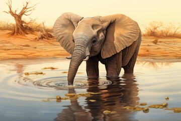 a small baby elephant drinking from water Generative AI