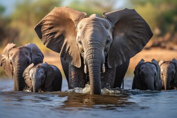 elephants with a few babies standing around water Generative AI