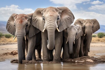 Fototapeta na wymiar a family of elephants standing next to each other at a watering hole Generative AI