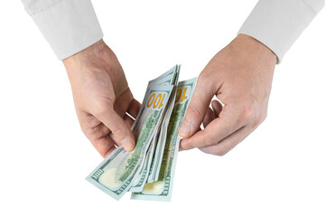 Man counting money. Allocation of money, economy concept, US dollar falling or rising. Man hands with dollar cash isolated on white, transparent background, PNG. Finance, bank, currency..