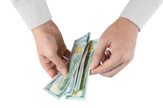 Man counting money. Allocation of money, economy concept, US dollar falling or rising. Man hands with dollar cash isolated on white, transparent background, PNG. Finance, bank, currency..