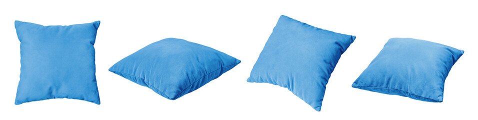 Decorative blue rectangular pillow isolated on white, transparent background, PNG. Set of different...