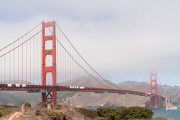 The iconic view of the Golden Gate Bridge from South side of the bridge at day time, San Francisco,...