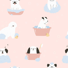 Seamless patterns with funny washing dogs of different breeds
