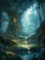 enchanted crystal forest at twilight, generative ai
