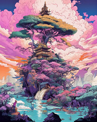 ethereal floating islands over azure seas, generative ai