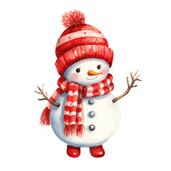 Cute smiling snowman in red hat and scarf with branch hands. Watercolor or aquarelle painting illustration. Isolated cutout on transparent or white background.