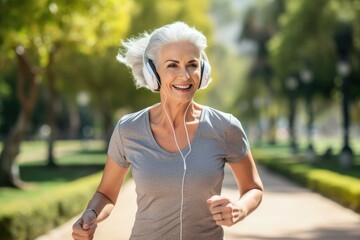 Active senior woman with headphones running in park 