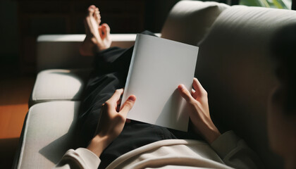 A person lounging on a sofa, flipping through a magazine with a blank cover.