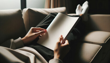 A person lounging on a sofa, flipping through a magazine with a blank cover.