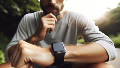 A jogger looking at a blank screen smartwatch on their wrist, taking a break from a run.