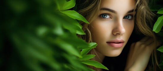 Beautiful young woman's face behind green leaves while looking at the camera - Powered by Adobe