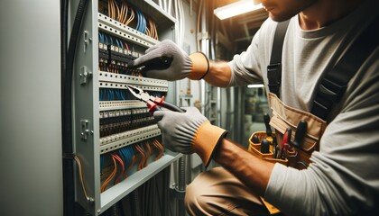 An electrician, with safety gloves and tools, working on an open electrical panel. - obrazy, fototapety, plakaty