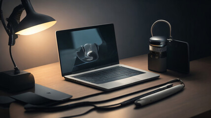 Laptop and Lamp on Table - High Resolution Stock Photo