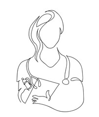 One line drawing of female doctor wearing uniform with folder.
One continuous line drawing of professional medical service.