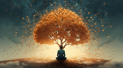 the impact of self-reflection and mindfulness on mental health. a person sitting in meditation, with an abstract tree extending from their head. Each leaf represent a mindful thought 