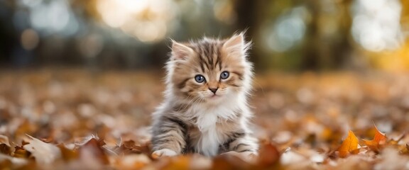 cute fluffy kitten playing with autumn foliage - obrazy, fototapety, plakaty