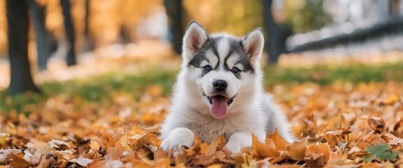 cute fluffy husky puppy playing with autumn foliage