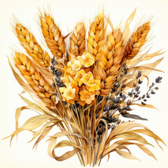 watercolor Dried Wheat Bouquet clipart, Generative Ai