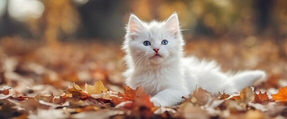 Naklejka na ściany i meble cute fluffy kitten playing with autumn foliage