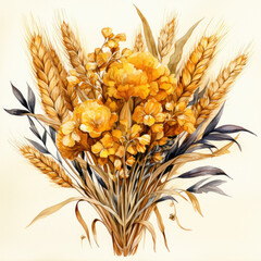watercolor Dried Wheat Bouquet clipart, Generative Ai
