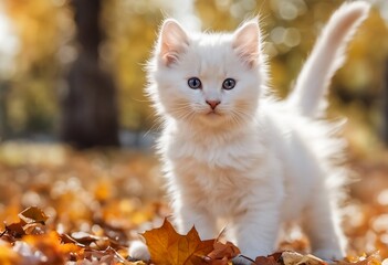 Naklejka na ściany i meble cute fluffy kitten playing with autumn foliage
