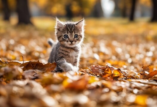 cute fluffy kitten playing with autumn foliage