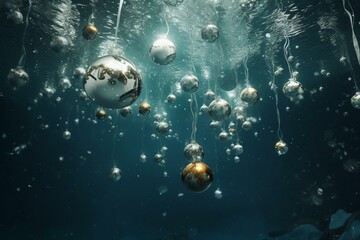 Obraz na płótnie Canvas Festive ornaments underwater accompanied by falling snowflakes. Generative AI
