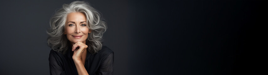 Middle age woman, grey hair, beauty photography, portrait, banner with copy space