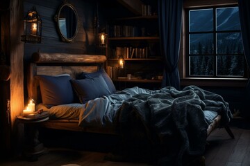 Comfortable bedroom with a rustic frame in a dark blue ambiance. Generative AI