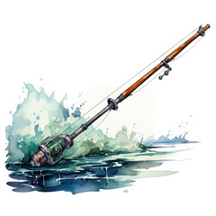 watercolor fishing rod fishing hunting clipart, Generative Ai