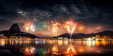 Fireworks at Rio de Janeiro new year background. Generative AI. - obrazy, fototapety, plakaty