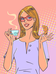 Cozy and tasty cafeteria. Breakfast place with interesting snacks. A blonde woman with glasses holds a croissant and a mug of hot drink.