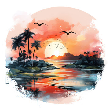 watercolor Colorful Watercolor Beach Sunset sublimation for clipart, Generative Ai