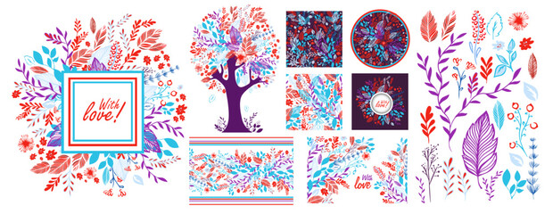 Set of graphic floral elements frames and bouquets. Hand drawing. Not AI, Illustrat3. Vector illustration