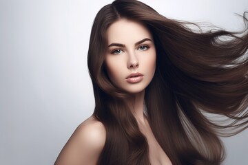 Naklejka premium Beautiful long hair. Beauty with luxurious straight brown hair. Beautiful model on a white background.Generative AI