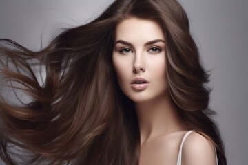 Fototapeta premium Beautiful long hair. Beauty with luxurious straight brown hair. Beautiful model on a white background.Generative AI