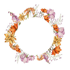 Frame wreath. Abstract wildflowers. fabulous unusual bright. for postcards, invitations, design