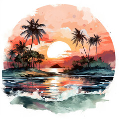 watercolor Colorful Watercolor Beach Sunset sublimation for clipart, Generative Ai