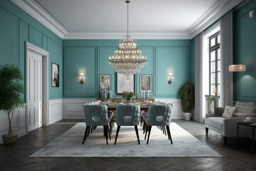 3D rendering of a dining room with white and aqua blue walls adorned with gray furniture lights. Generative AI