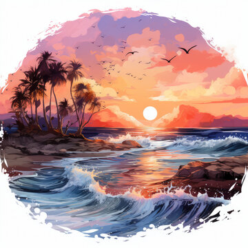 watercolor Colorful Watercolor Beach Sunset sublimation for clipart, Generative Ai