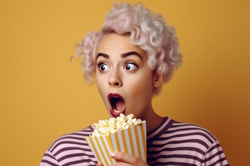Portrait of a surprised young girl with bright makeup, isolated on purple background, eating popcorn. Generative AI