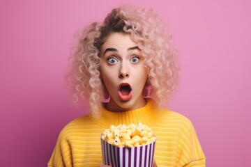 Portrait of a surprised young girl with bright makeup, isolated on purple background, eating popcorn. Generative AI